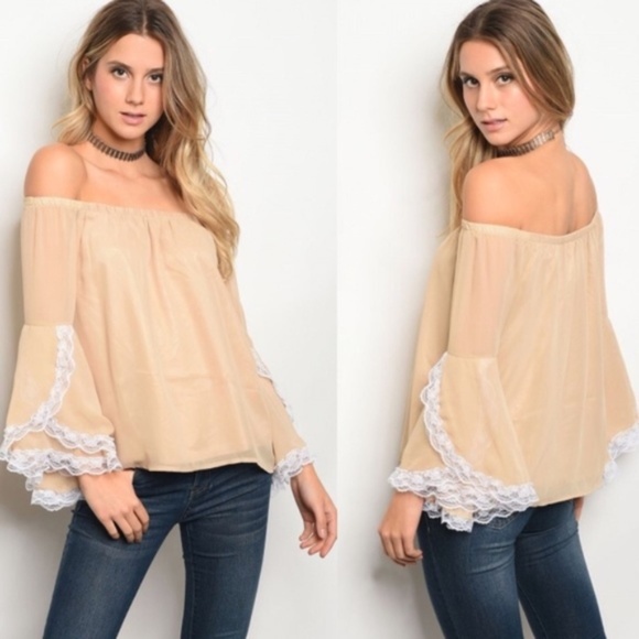 Va Va by Joy Han Tops - Va Va by Joy Han Beige Lace Off The Shoulder Top